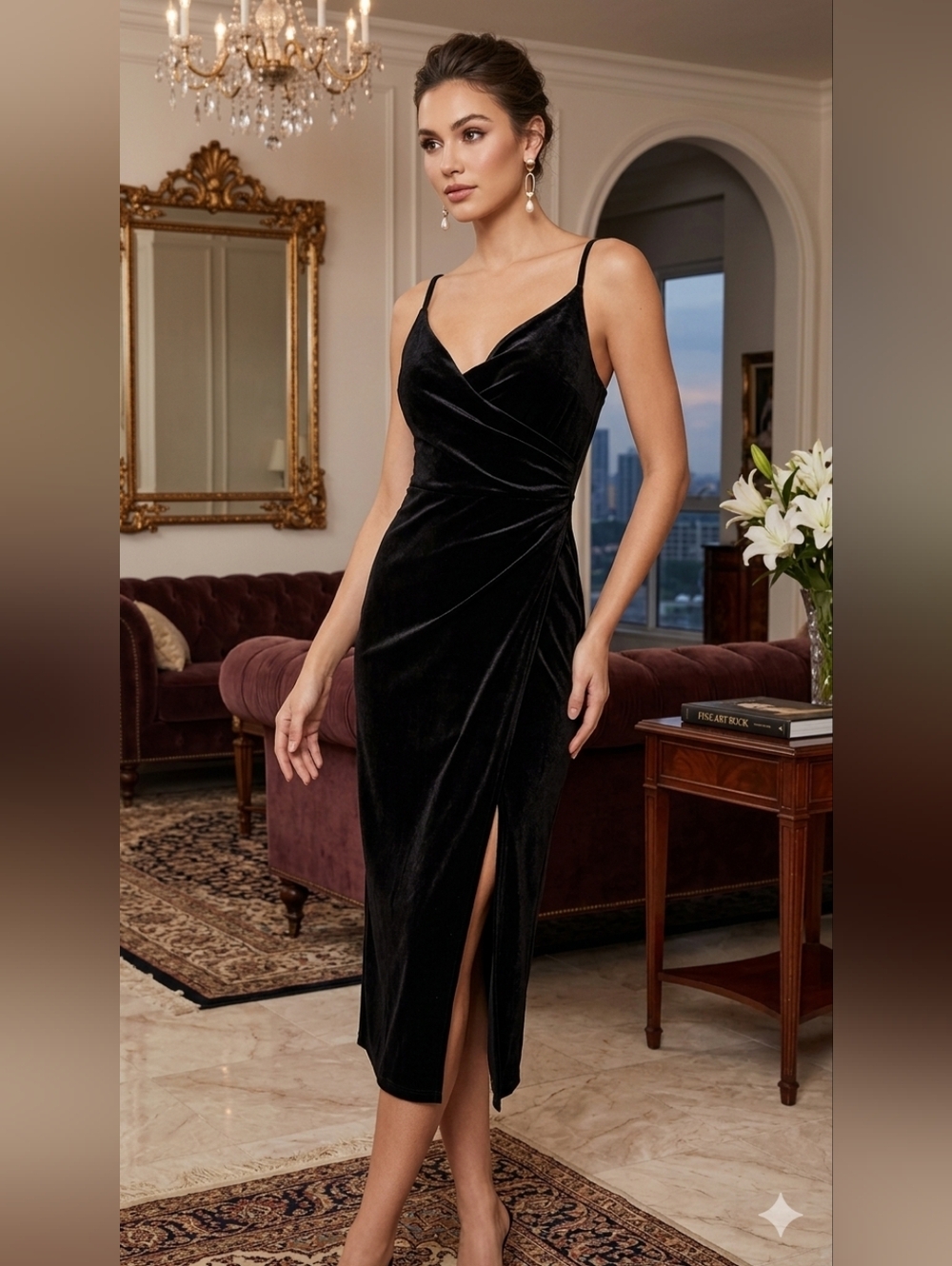 🎀Ricki's Black Velvet Midi Slip Dress with Side Slit